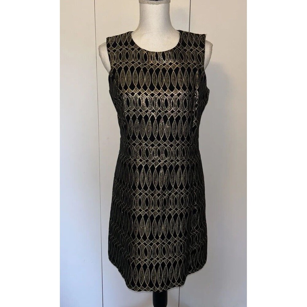 Milly Black & Gold Brocade wool blend Sheath Dress Sz 8 Lined Party Wedding Vtg